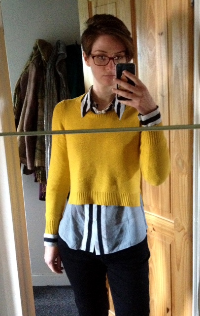 mustard jumper and striped shirt